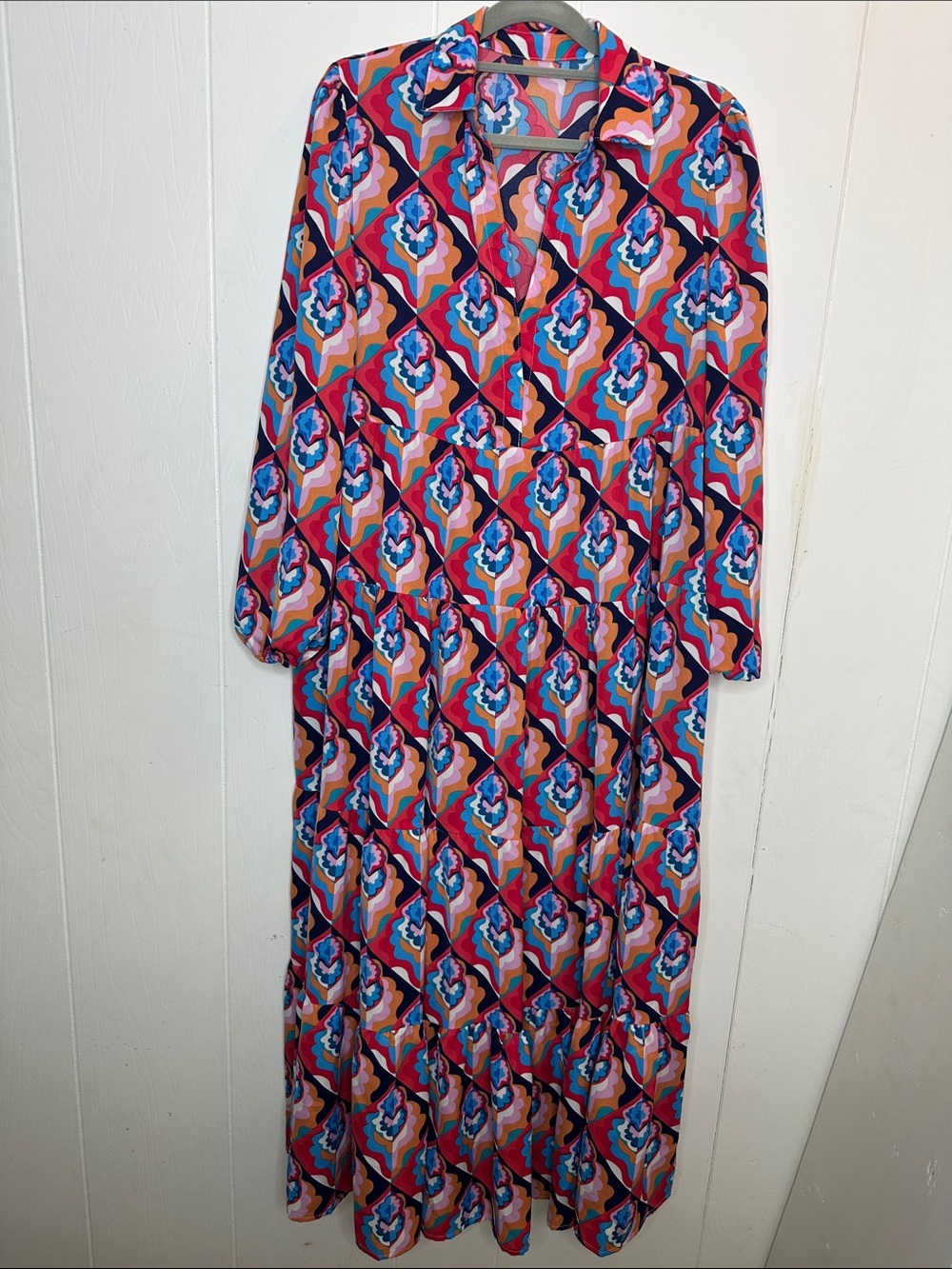 Source Unknown Pink and Blue Geometric Tiered Maxi Dress - Picture 2 of 10
